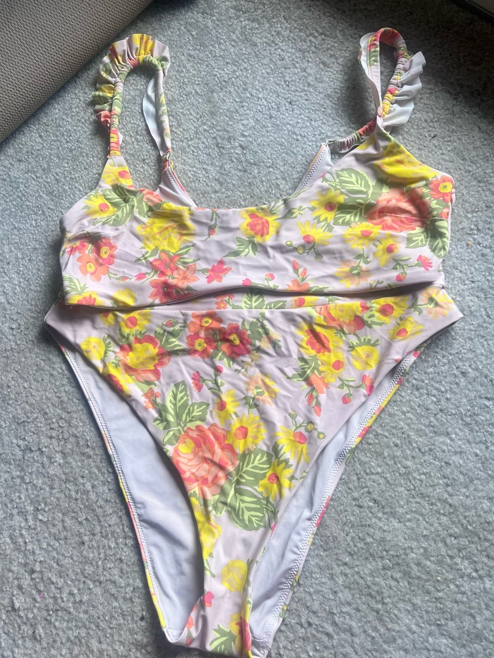 Aerie Print Two-Piece Swimsuit — Pink Base with Yellow & Coral Flowers